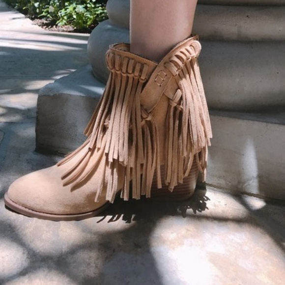 Vegan Suede Western Fringe Booties in Desert Sand - Picture 3 of 4
